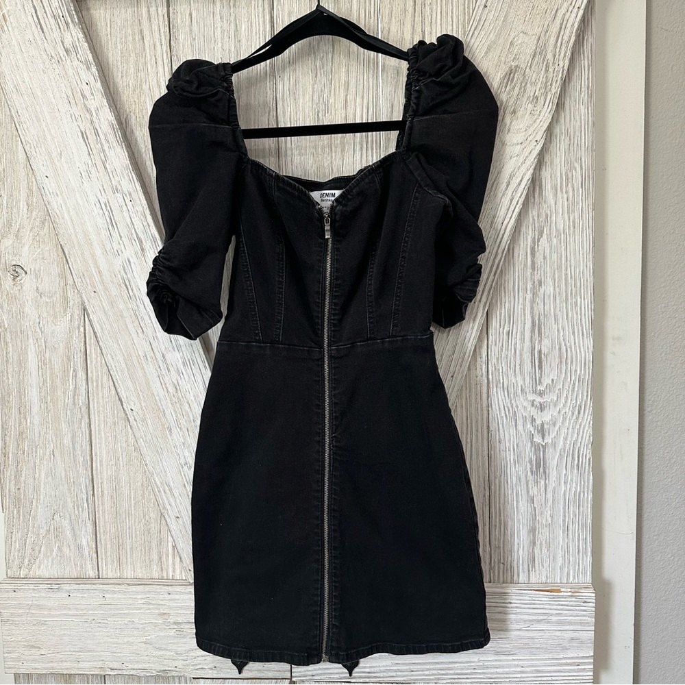 Denim Bershka Puff Sleeve Front Zip Stretch Dress - Picture 2 of 11